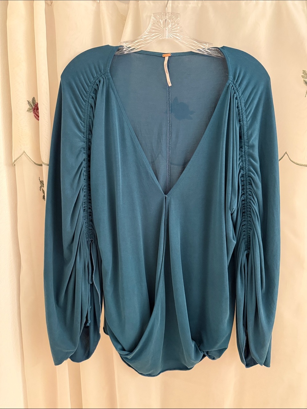 Free People Teal V-Neck Ruched Dolman Blouse